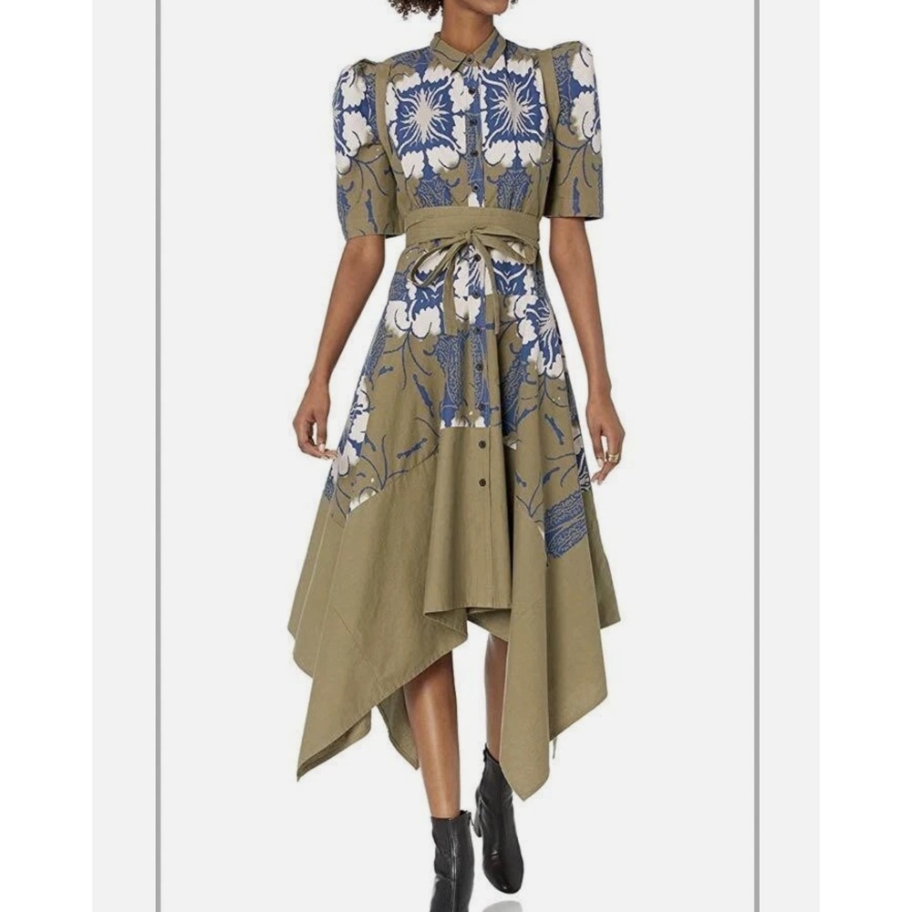 Making the Cut Gary Graham Floral Army Green Self Tie Shirt Dress Womens Size S